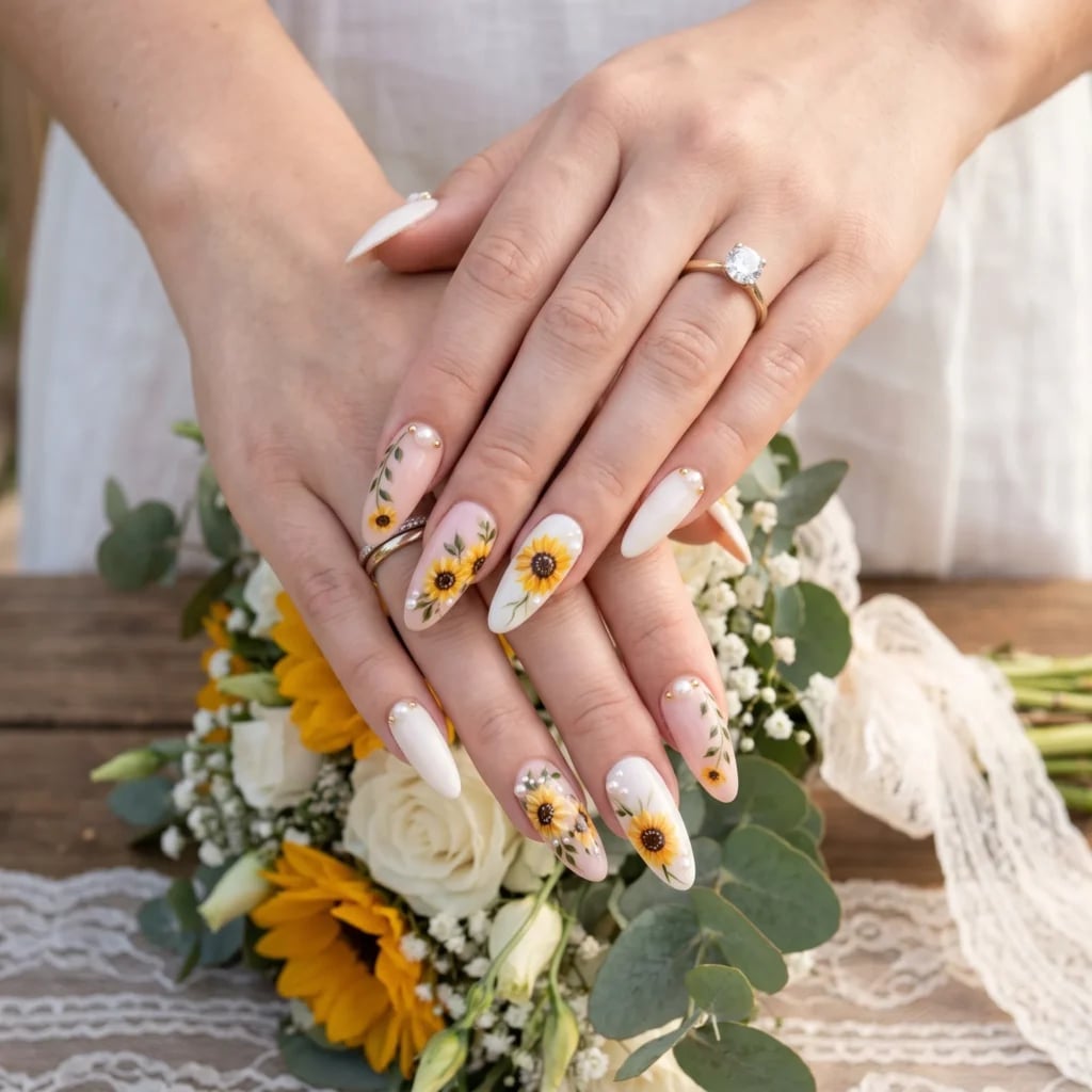 Long Stiletto White Pink Sunflowers Pearls — Sunflower Nails