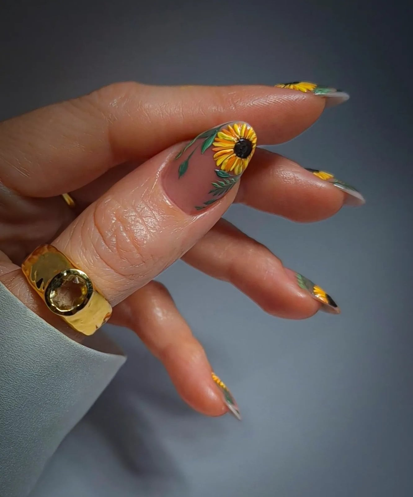 Long Stiletto 3D Sunflower Nude Base — Sunflower Nails