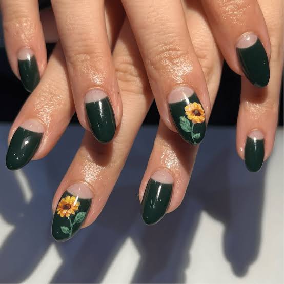 Medium Almond Forest Green Sunflowers — Sunflower Nails