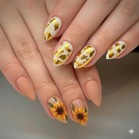 Medium Almond Matte Beige Glossy Sunflower Accents — Sunflower Nails