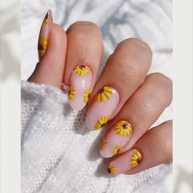 Medium Almond Sheer Pink 3D Scattered Sunflowers — Sunflower Nails