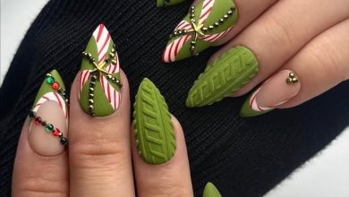 Holiday Chic Manicure : Green Sweater Nails with Candy Cane Stripes & Festive Gem Accents