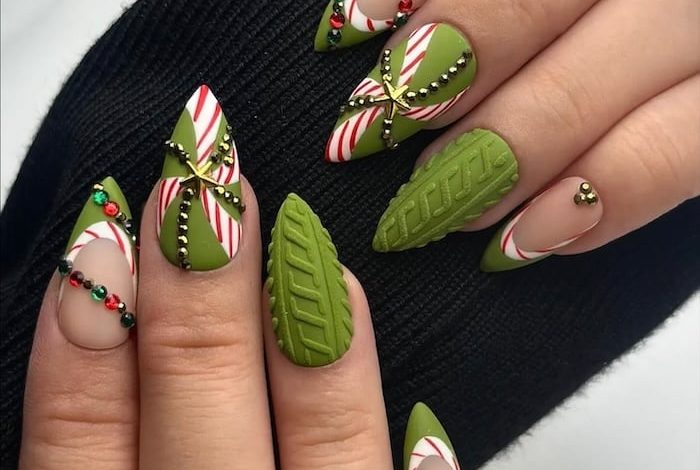 Holiday Chic Manicure : Green Sweater Nails with Candy Cane Stripes & Festive Gem Accents