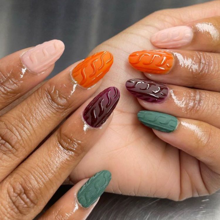 Peach Orange Burgundy Green Matte 3D Sweater Knit Nails Peach Orange Burgundy Green Matte 3D Sweater Knit Nails — Sweater Nails
