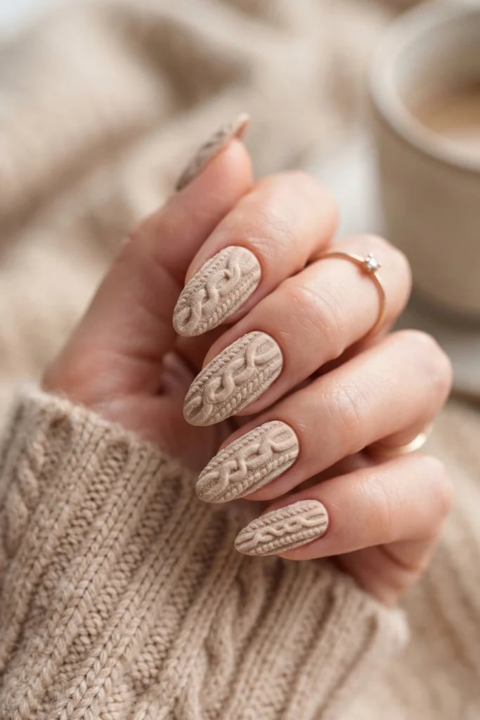 Soft Matte Beige Cable Knit Almond Nails Soft Matte Beige Cable Knit Almond Nails — Sweater Nails