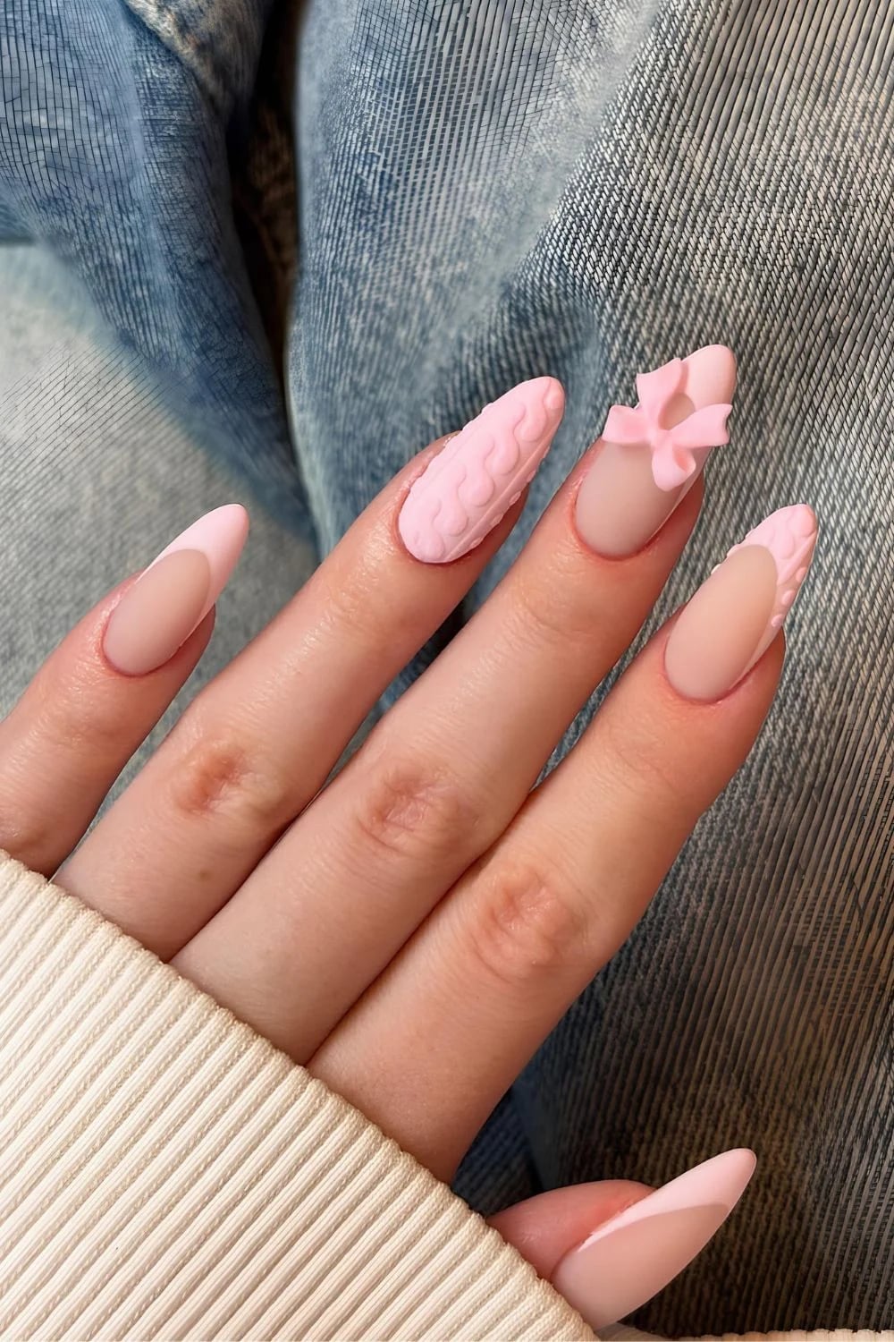 Pale Pink Matte With Sheer French Tip Bow Nails Pale Pink Matte With Sheer French Tip Bow Nails — Sweater Nails