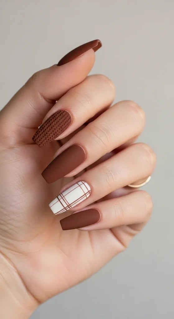 Brown White Plaid And Knit Coffin Nails Brown White Plaid And Knit Coffin Nails — Sweater Nails