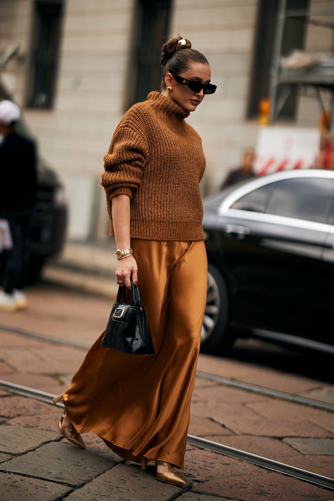 Textured Brown Turtleneck with Gold Satin Pants, Close-Up Take — Sweater Outfits for Women