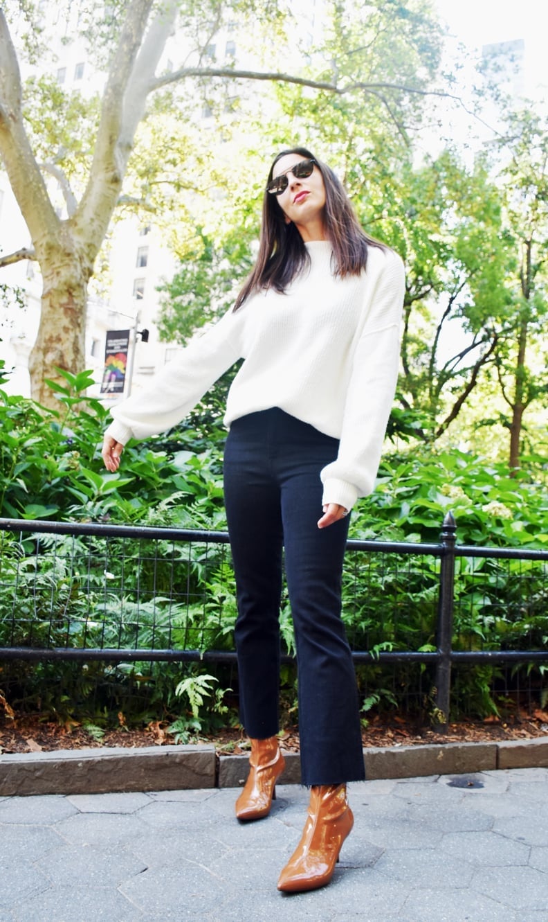 White Crew Neck Sweater with Cropped Flare Pants, Close-Up Take — Sweater Outfits for Women