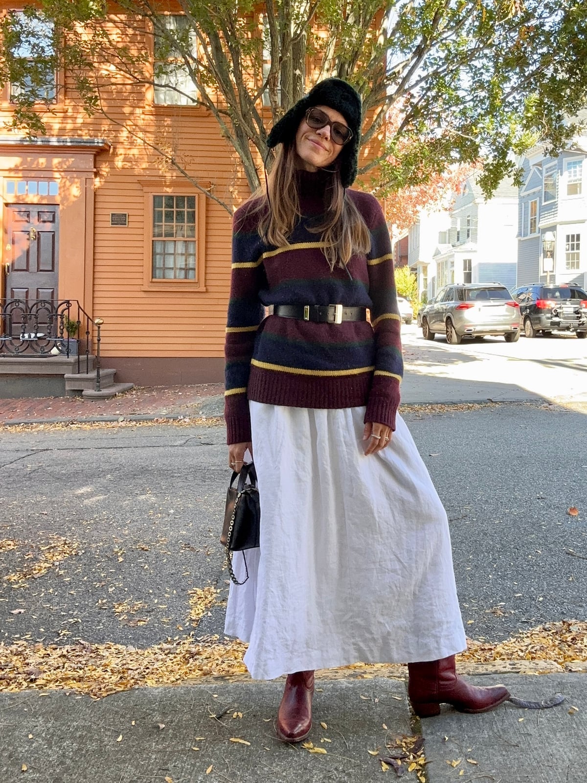 Multi-striped Turtleneck with White Maxi Skirt — Sweater Outfits for Women