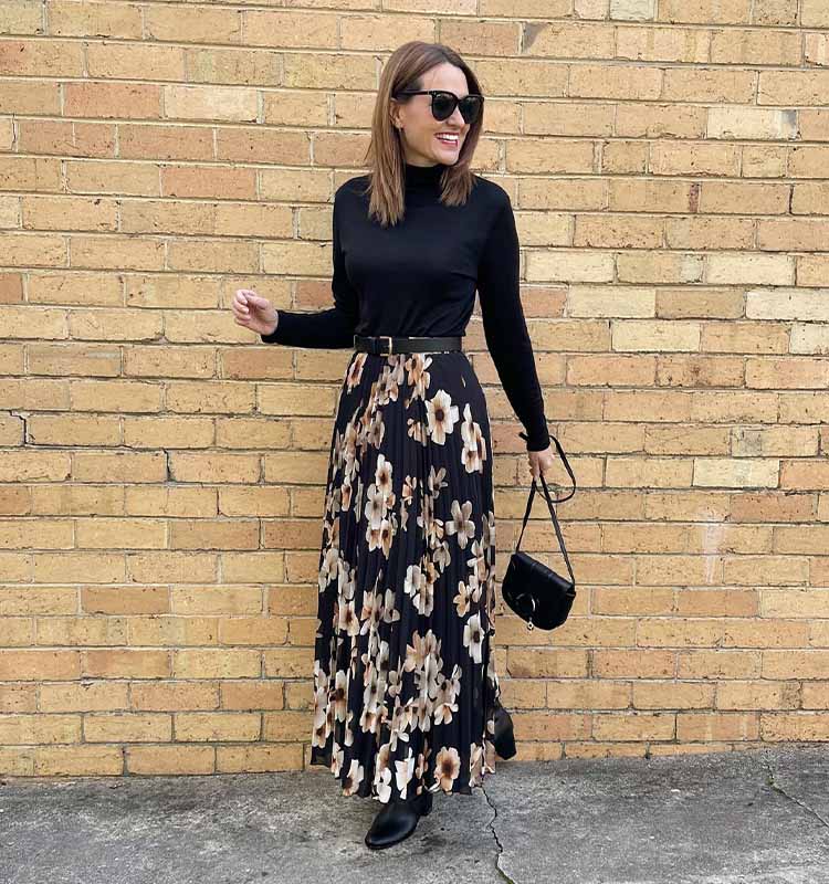 Black Turtleneck with Floral Print Pleated Midi Skirt — Sweater Outfits for Women