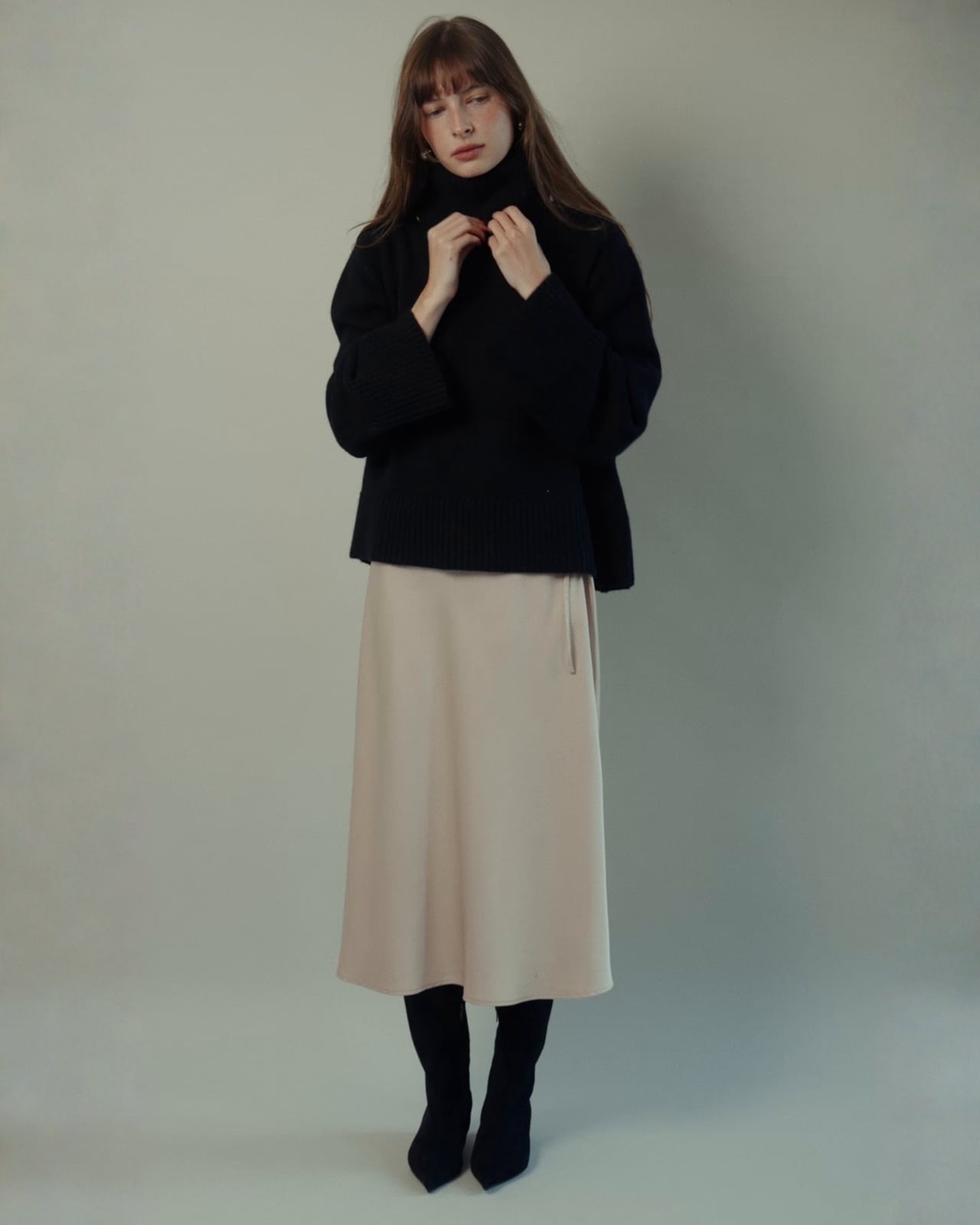 Black Oversized Turtleneck with Satin Midi Skirt — Sweater Outfits for Women