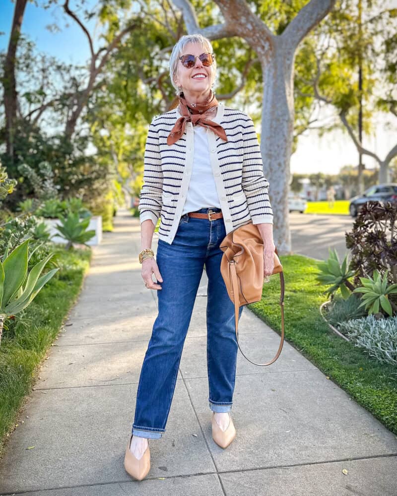 Striped Knit Cardigan with White T-Shirt and Jeans — Sweater Outfits for Women