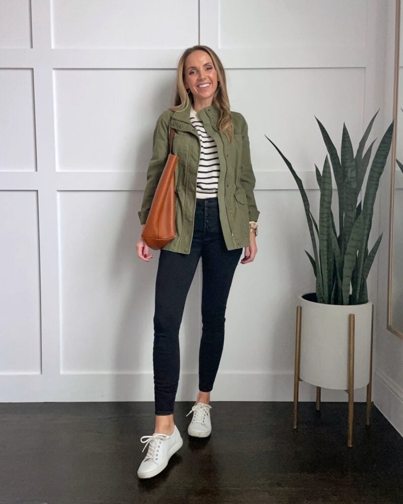 Striped Long-Sleeve Top Under Green Utility Jacket — Sweater Outfits for Women