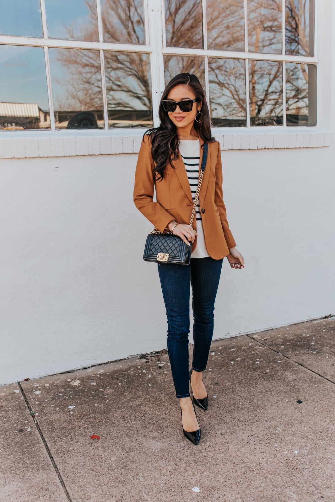Striped Long Sleeve Top Under Brown Blazer — Sweater Outfits for Women