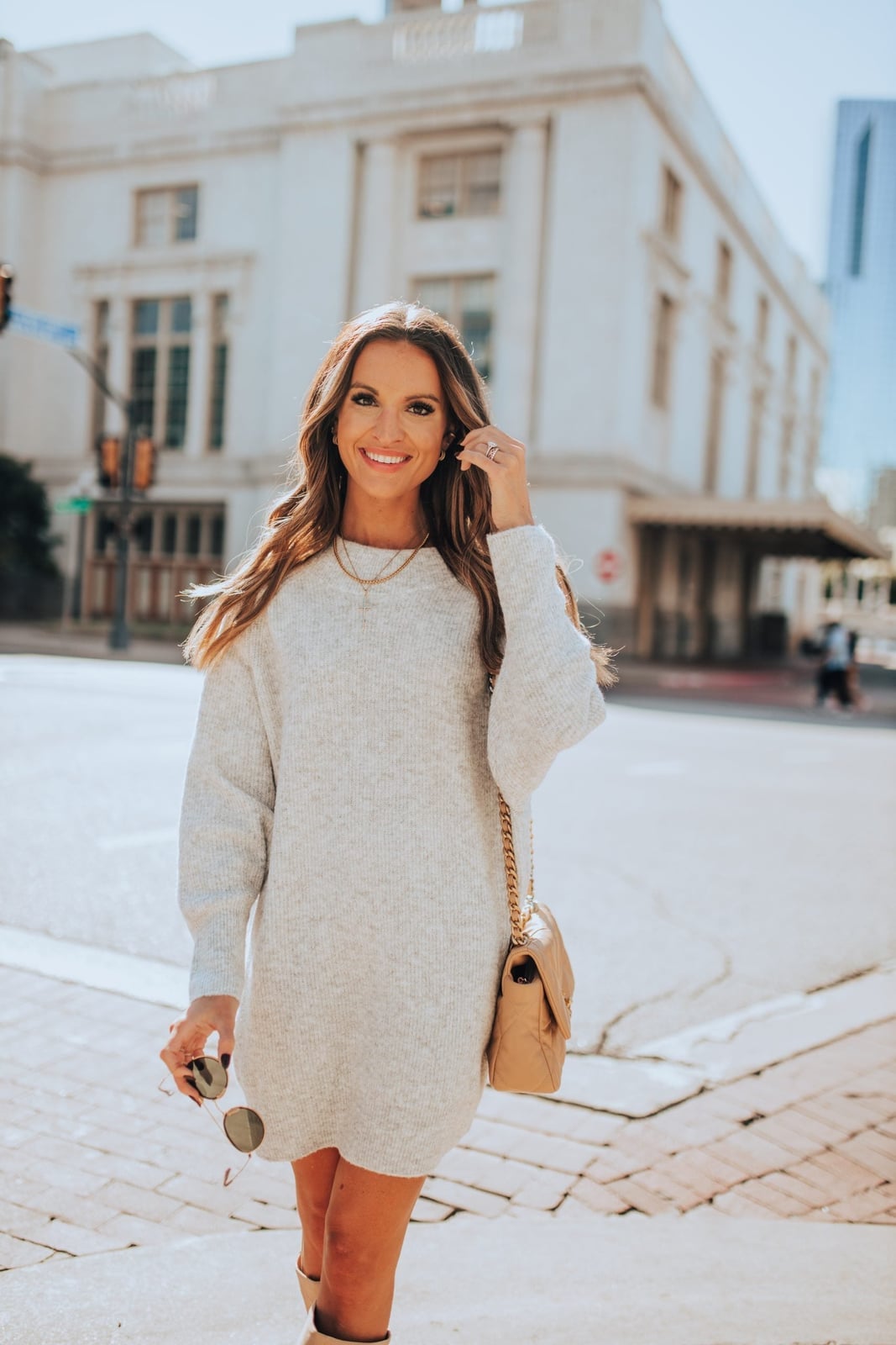 Light Gray Knit Sweater Dress with Ankle Boots — Sweater Outfits for Women