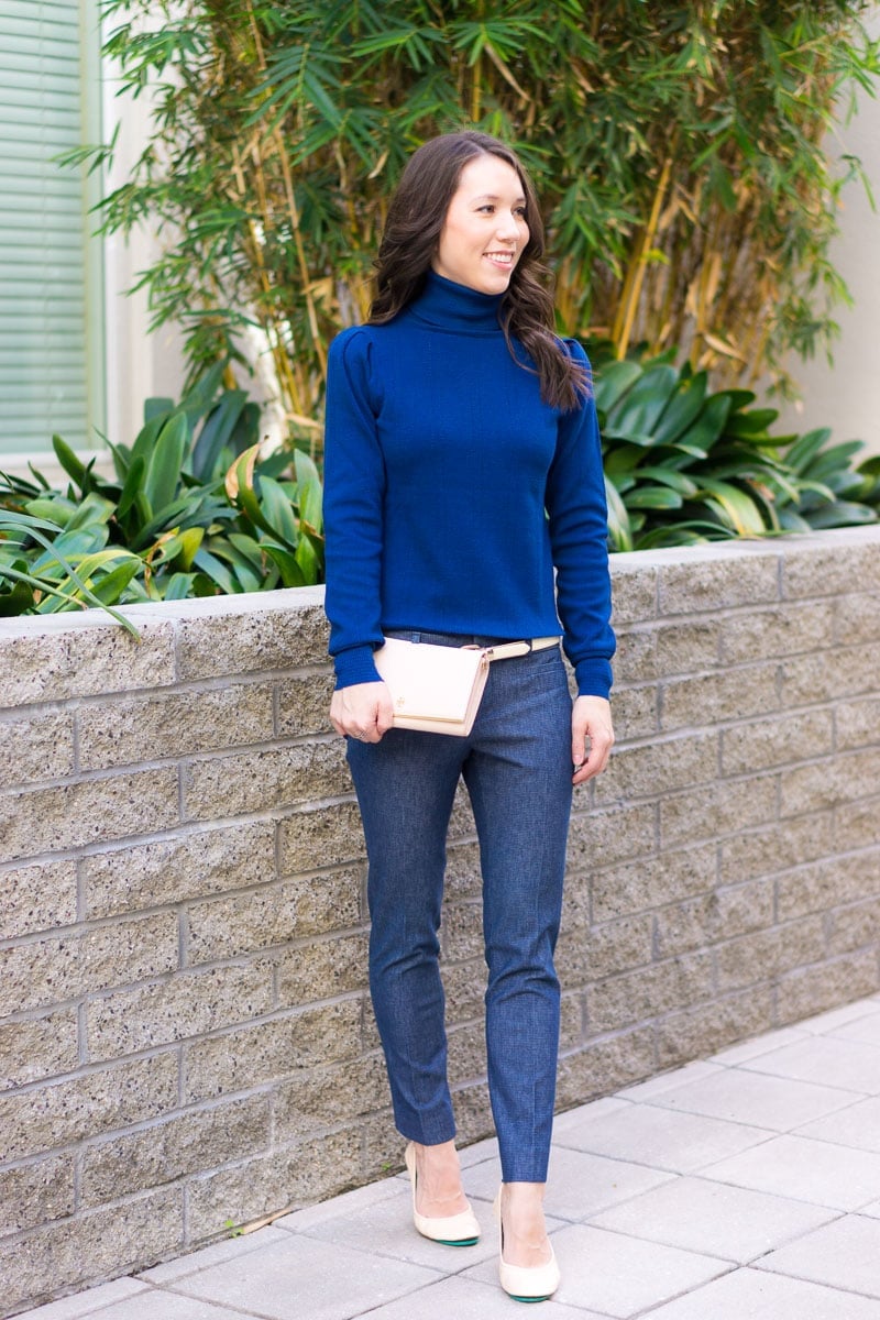 Royal Blue Turtleneck with Gray Tailored Trousers — Sweater Outfits for Women