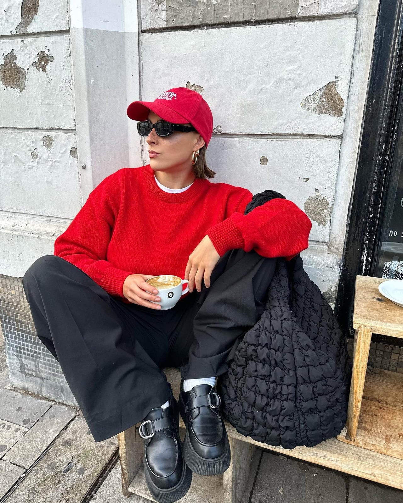 Bright Red Oversized Sweater Over White T-Shirt — Sweater Outfits for Women