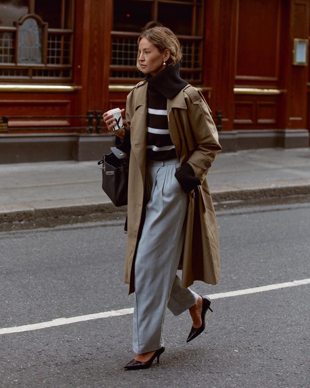 Striped Sweater Under Beige Trench Coat With Black Pointed Heels — Sweater Outfits for Women