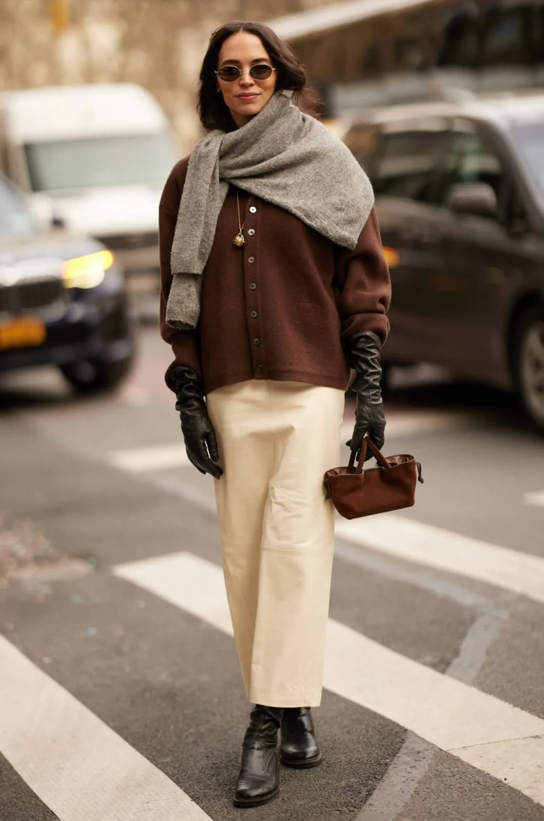Brown Oversized Button-Up Cardigan with Leather, Office-Safe Version — Sweater Outfits for Women