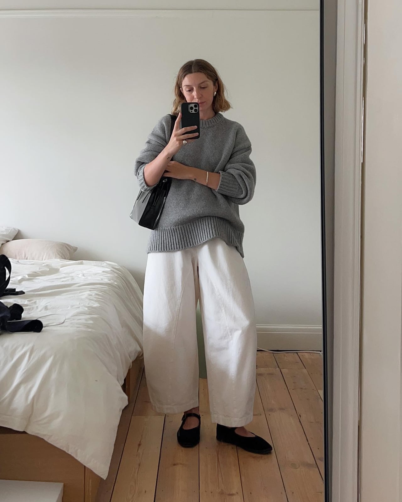 Gray Oversized Knit Sweater with White Wide-Leg, Office-Safe Version — Sweater Outfits for Women