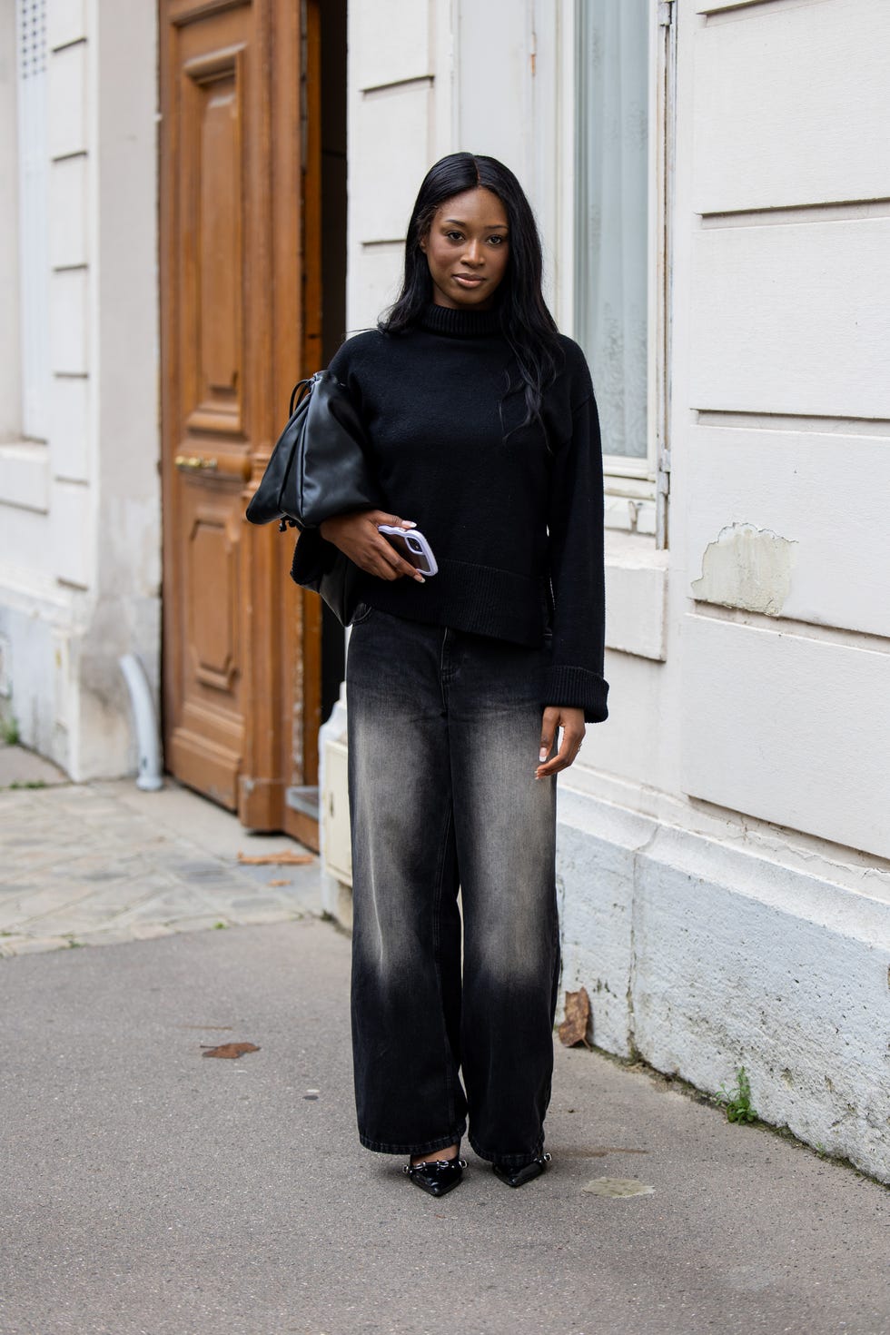 Oversized Black Turtleneck with Charcoal Denim and Pointed Toe Heels — Sweater Outfits for Women