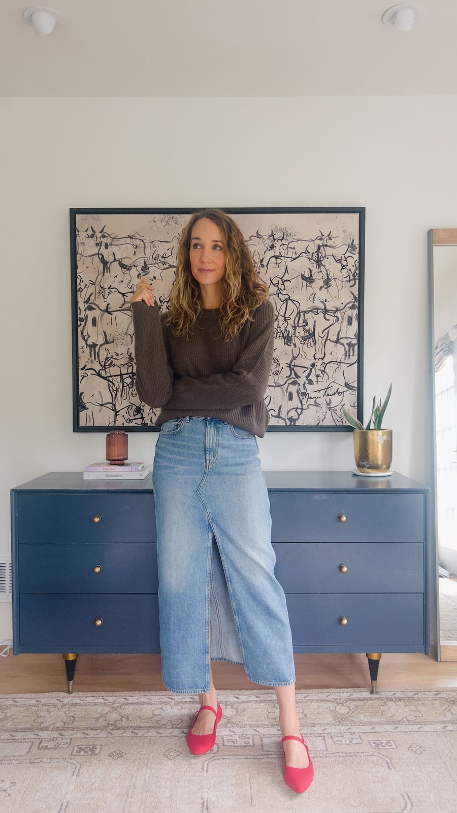 Brown Crewneck Sweater with Denim Maxi Skirt and Red Mary Jane Heels — Sweater Outfits for Women