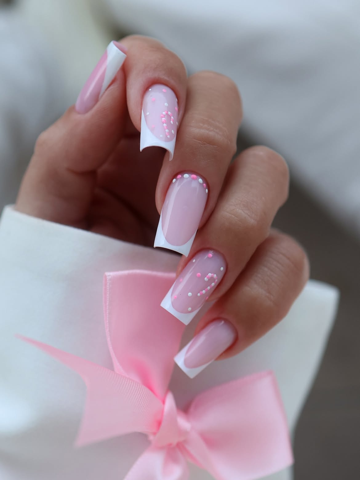 Sweet Pink Dot French Tip Square Nails