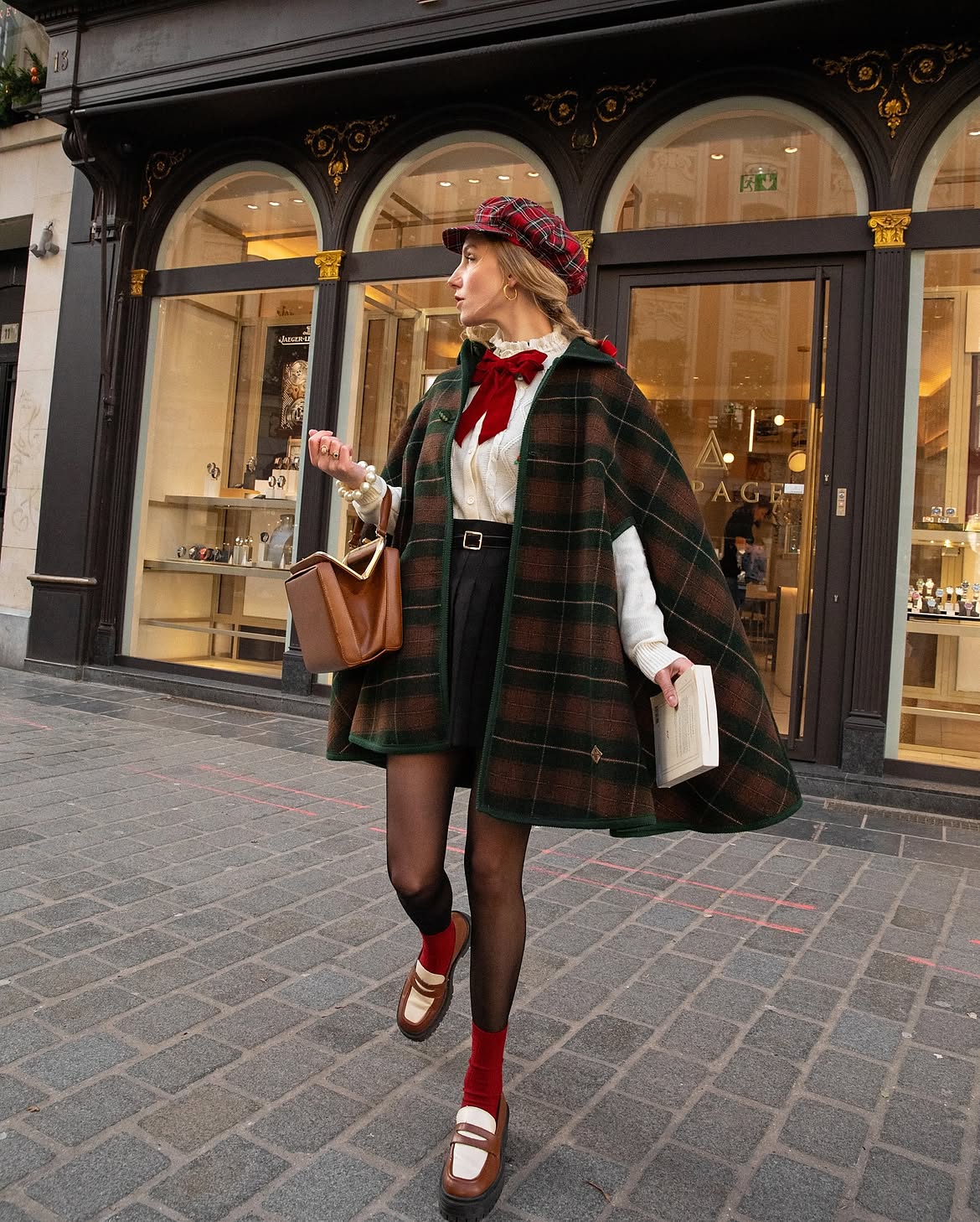Tartan Plaid Cape With Pleated Skirt And Loafers