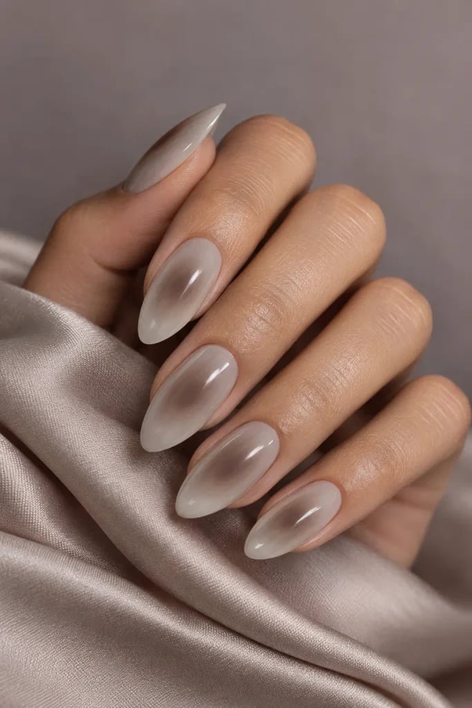 Matte Warm Taupe Sharp Almond Nails — Taupe Nails