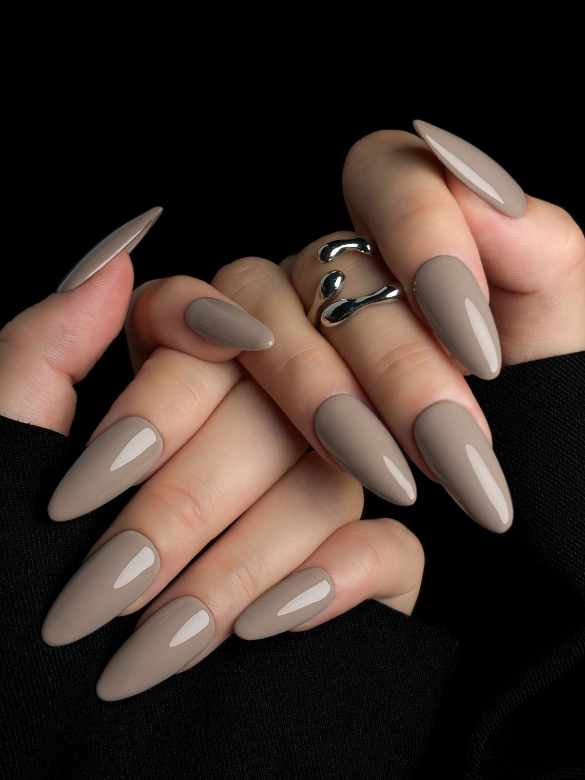 Glossy Taupe Long Almond Nails — Taupe Nails