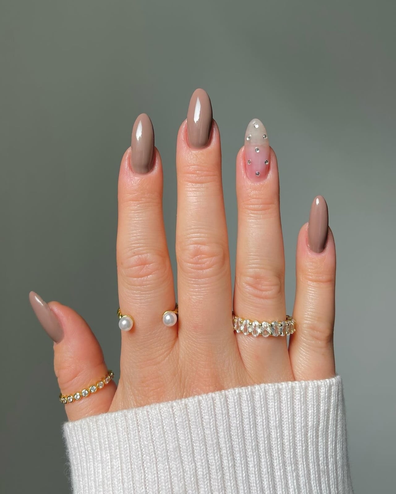 Matte Taupe with Glossy Rhinestone Accent Nails — Taupe Nails