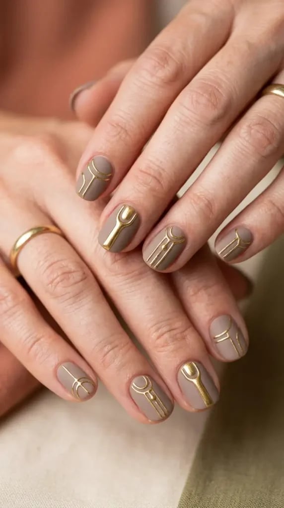 Dusty Taupe Gold Geometric Short Oval Nails — Taupe Nails