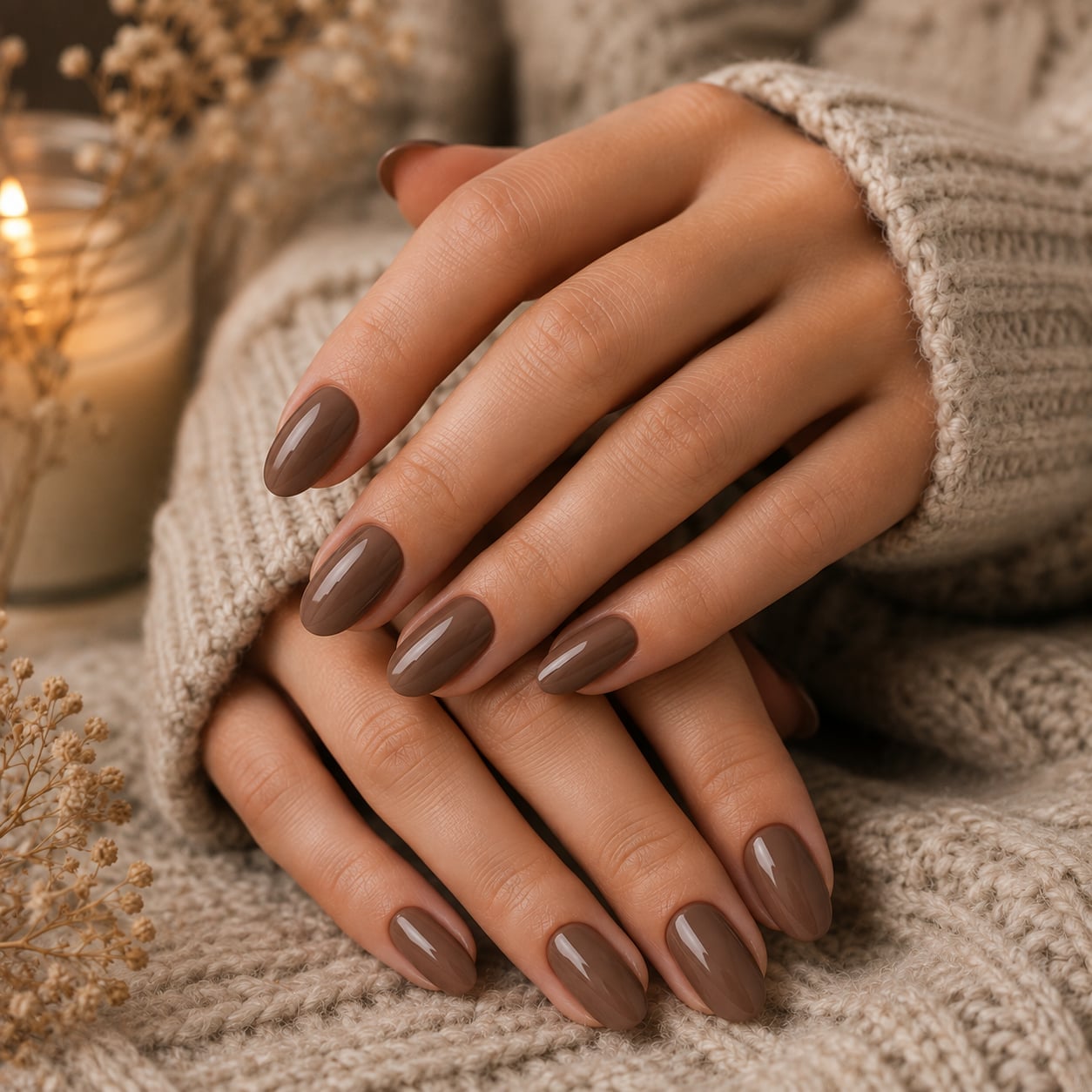 Glossy Rich Taupe Medium Almond Nails — Taupe Nails