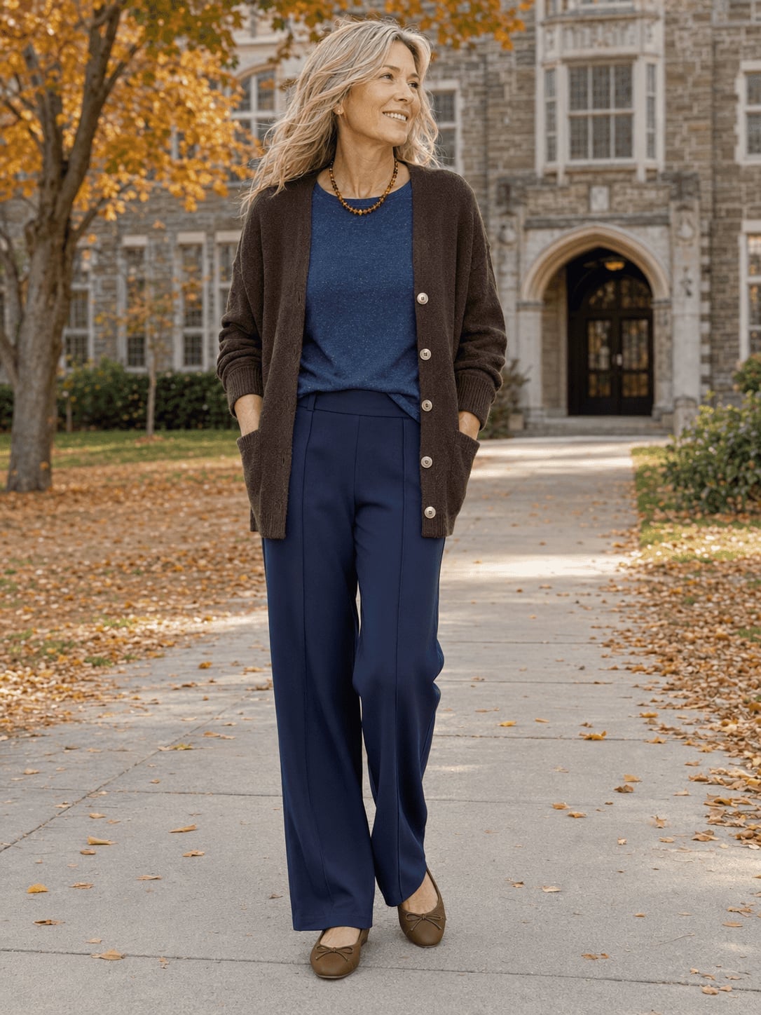 Brown Knit Cardigan with Navy Wide-Leg Trousers Brown Knit Cardigan with Navy Wide-Leg Trousers — Teacher Outfits