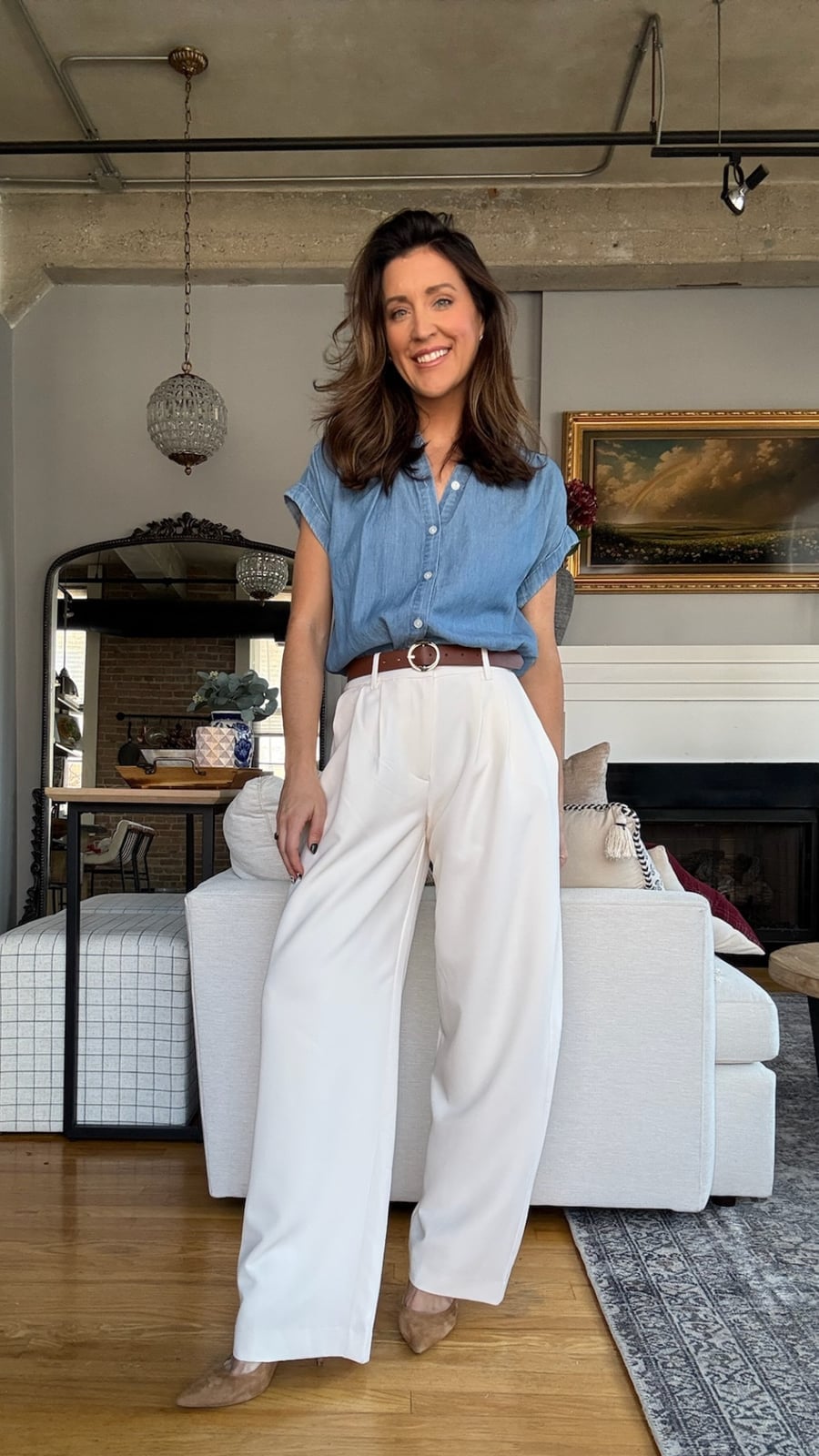 Blue Denim Button-Up with White Wide-Leg Trousers Blue Denim Button-Up with White Wide-Leg Trousers — Teacher Outfits