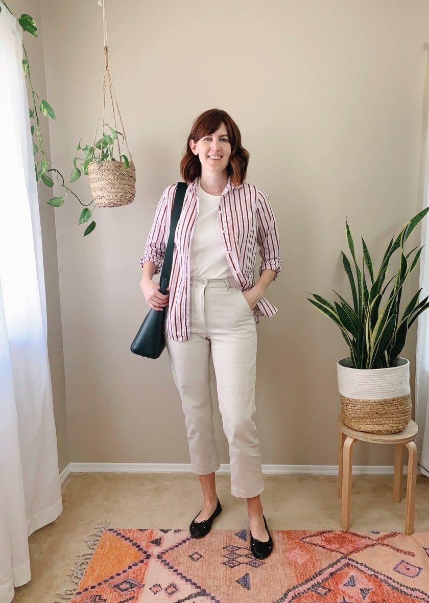 Striped Button-Down Shirt Over White T-Shirt with Beige Trousers Striped Button-Down Shirt Over White T-Shirt with Beige Trousers — Teacher Outfits