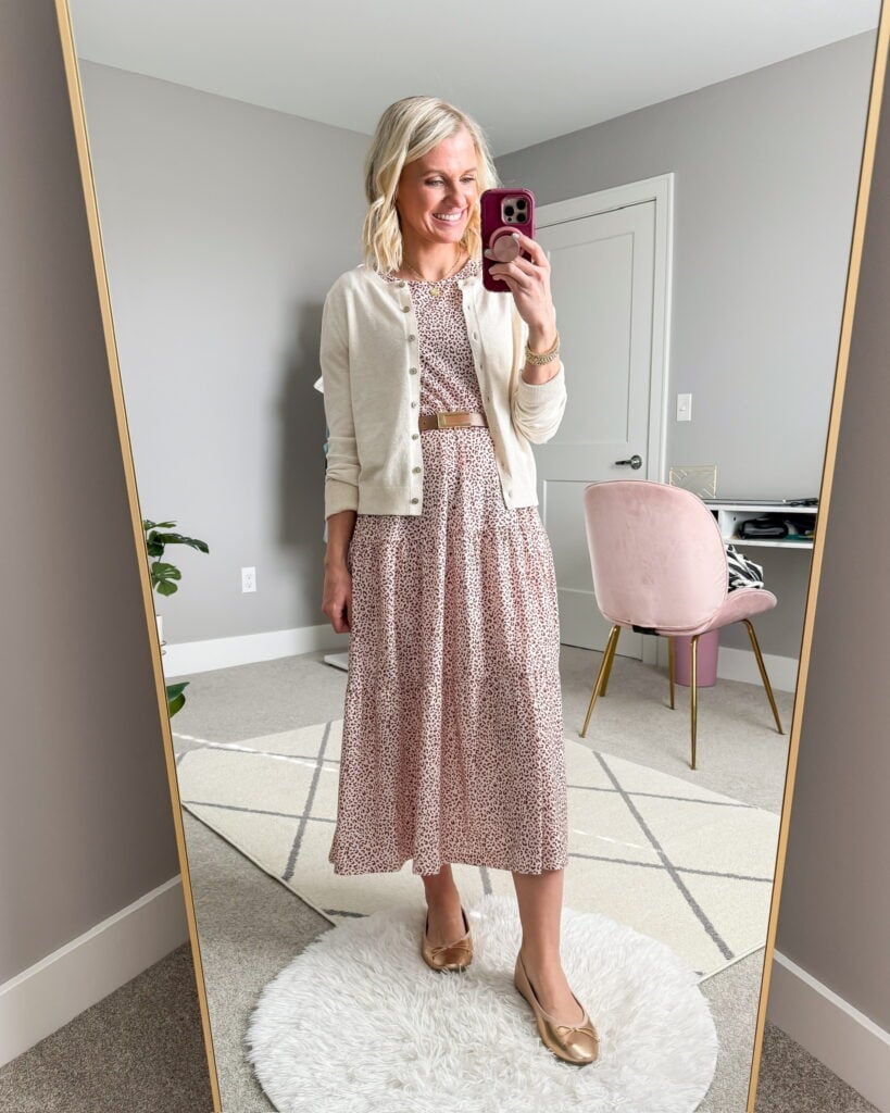 Cream Cardigan Over Patterned Midi Dress Cream Cardigan Over Patterned Midi Dress — Teacher Outfits