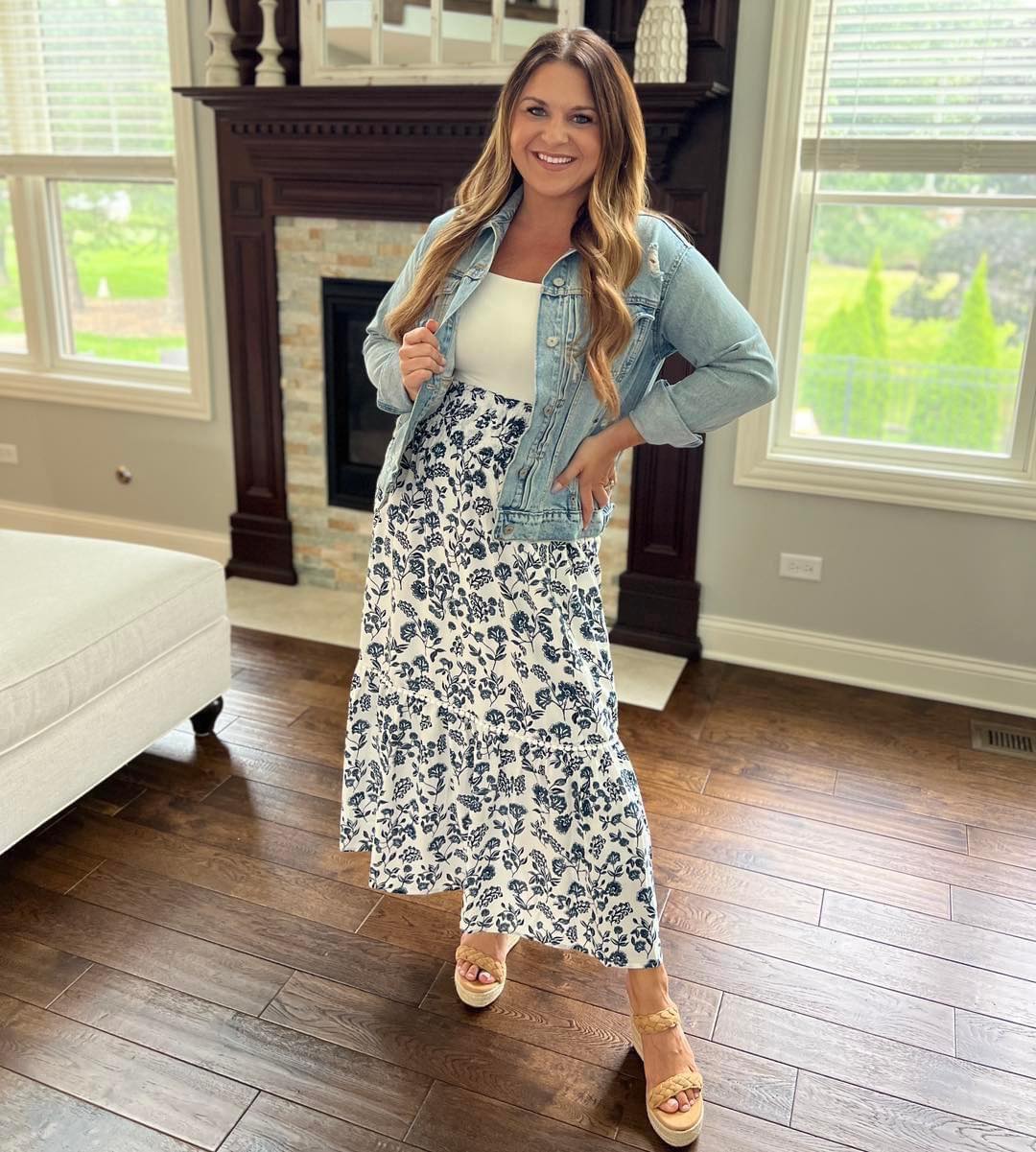 Denim Jacket with Floral Print Midi Skirt Denim Jacket with Floral Print Midi Skirt — Teacher Outfits