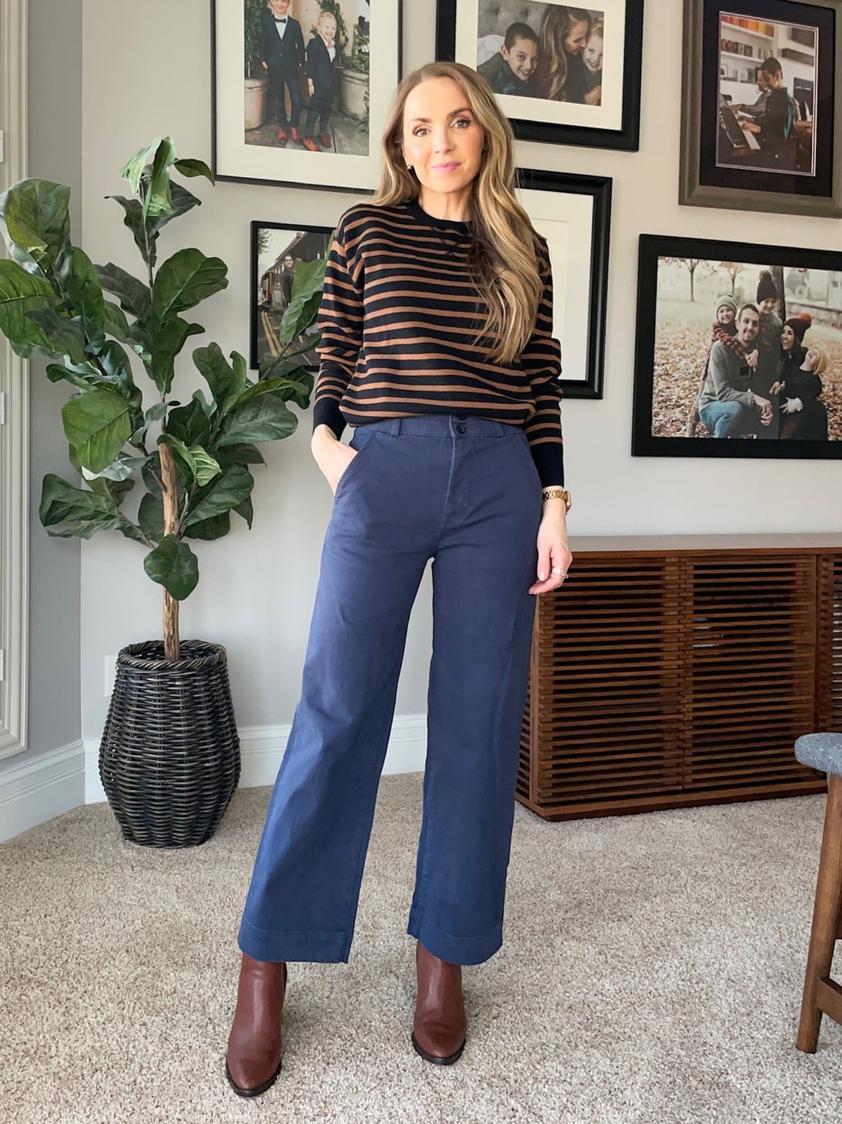 Striped Sweater with Navy Wide-Leg Trousers Striped Sweater with Navy Wide-Leg Trousers — Teacher Outfits