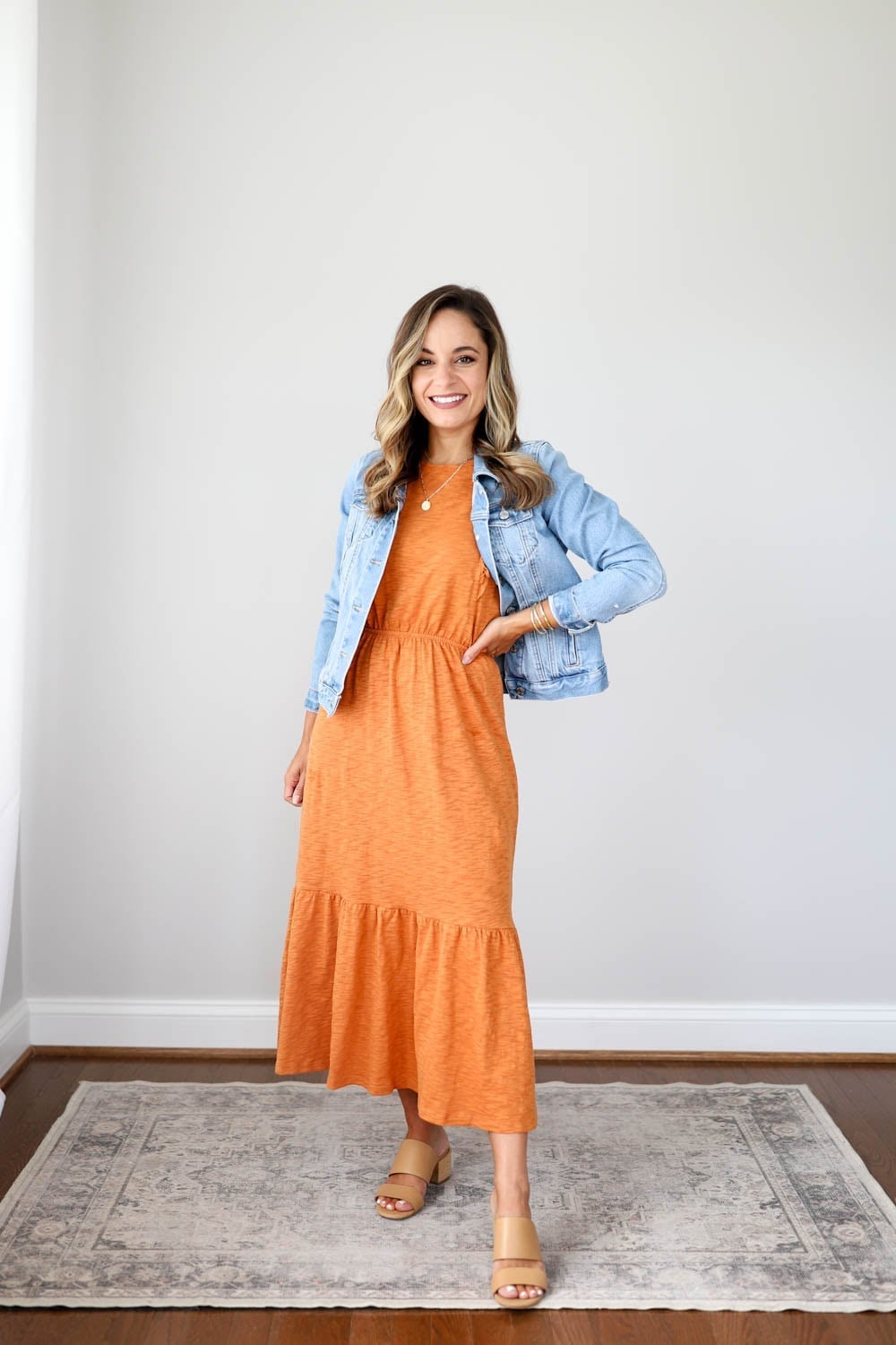 Denim Jacket with Orange Tiered Midi Dress Denim Jacket with Orange Tiered Midi Dress — Teacher Outfits