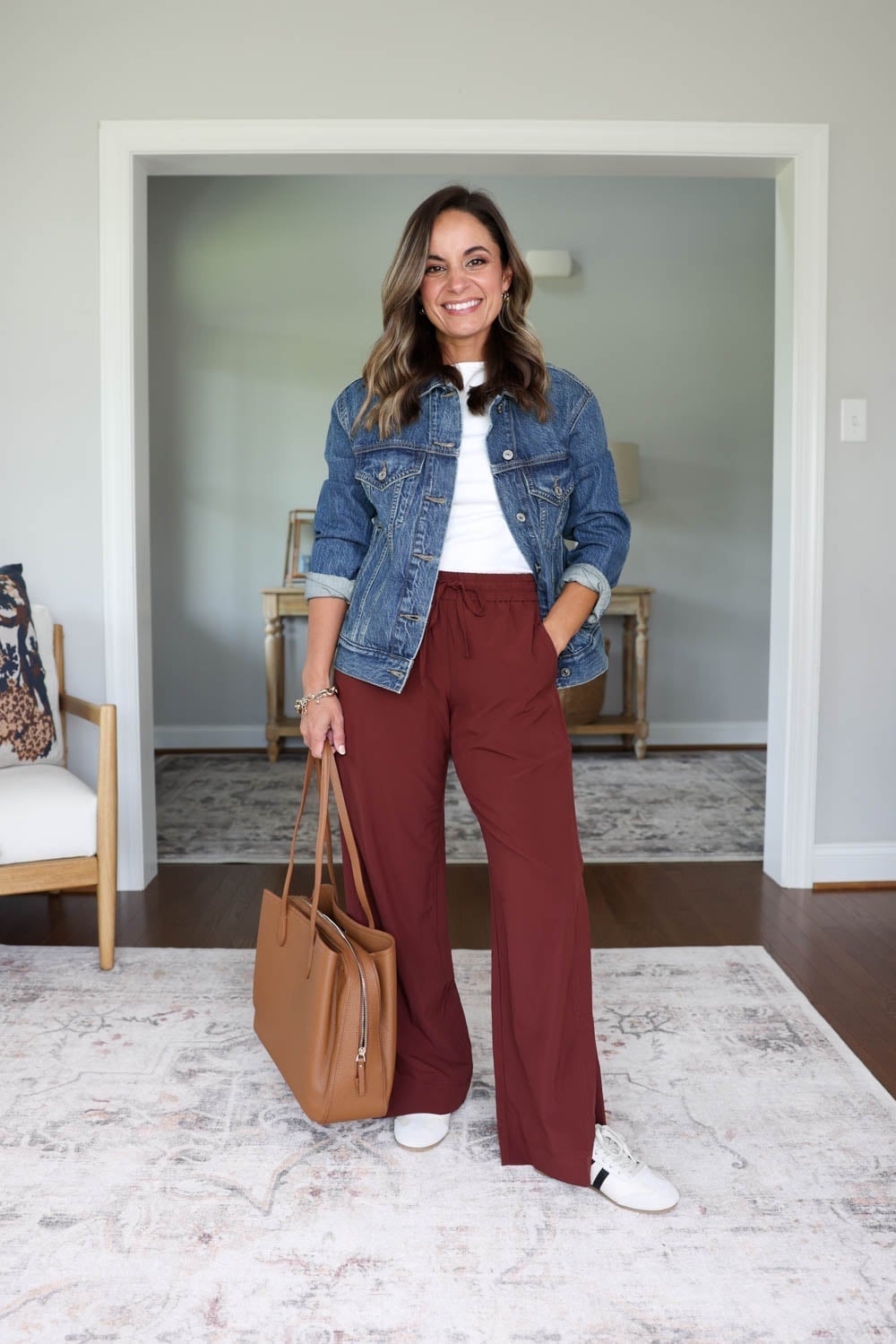 Blue Denim Jacket with Maroon Wide-Leg Trousers Blue Denim Jacket with Maroon Wide-Leg Trousers — Teacher Outfits