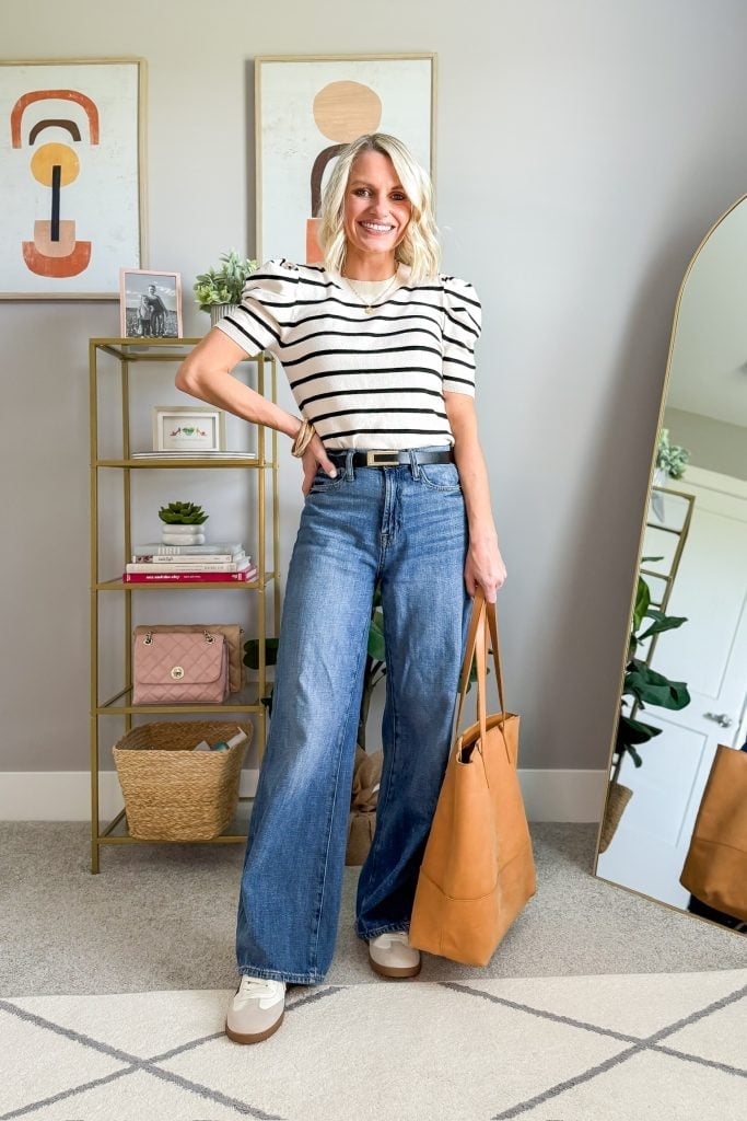 Striped Puff-Sleeve Top with Wide-Leg Jeans Striped Puff-Sleeve Top with Wide-Leg Jeans — Teacher Outfits