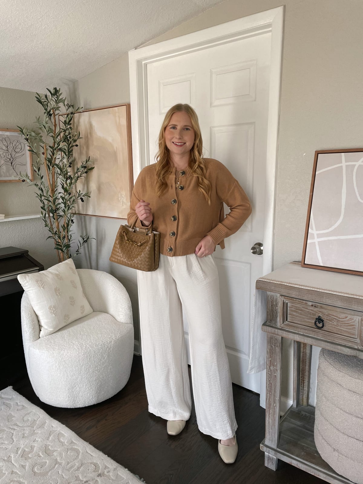 Camel Cardigan with Off-White Textured Wide-Leg Trousers Camel Cardigan with Off-White Textured Wide-Leg Trousers — Teacher Outfits