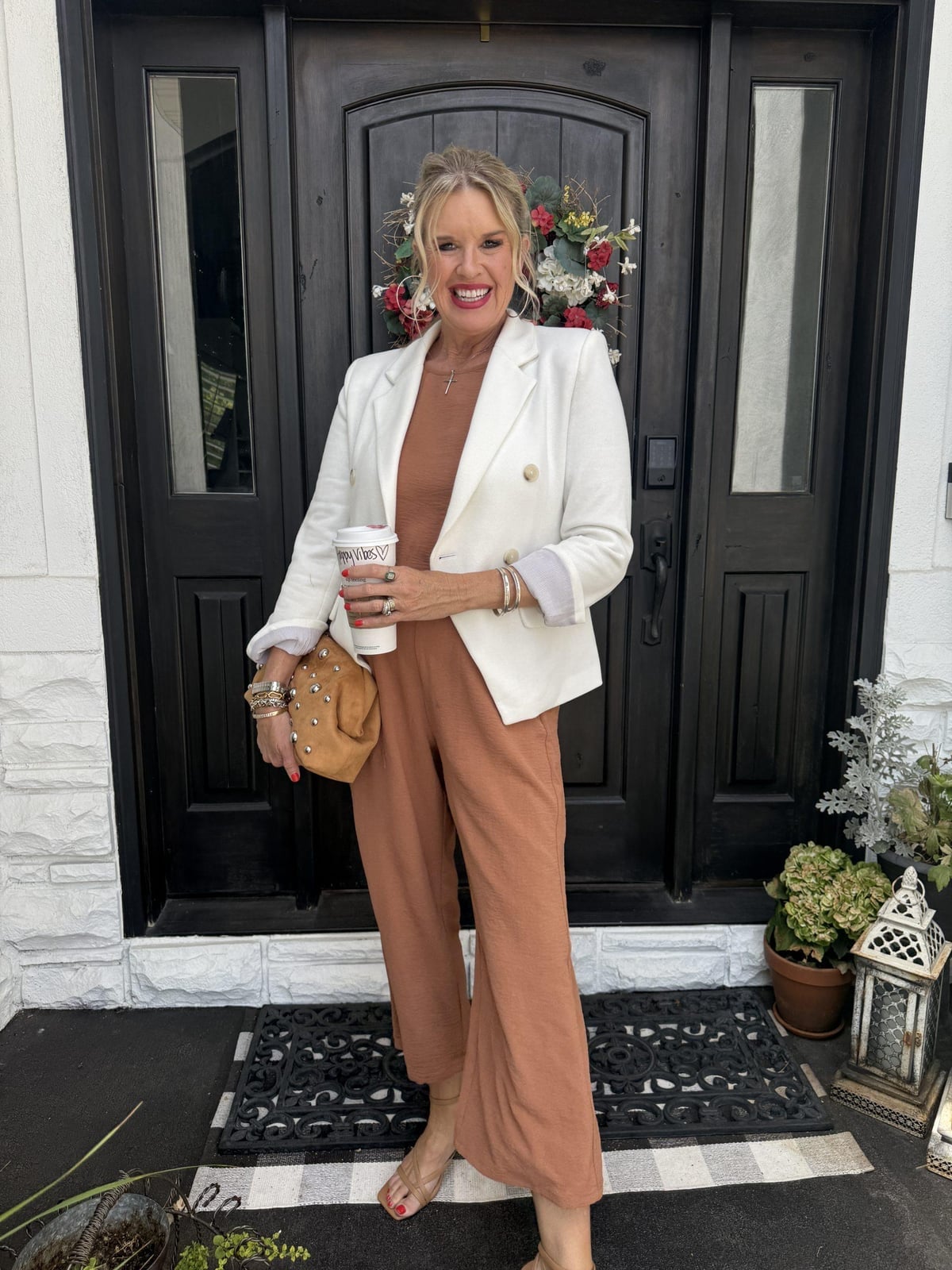 White Blazer Over Rust Wide-Leg Jumpsuit White Blazer Over Rust Wide-Leg Jumpsuit — Teacher Outfits