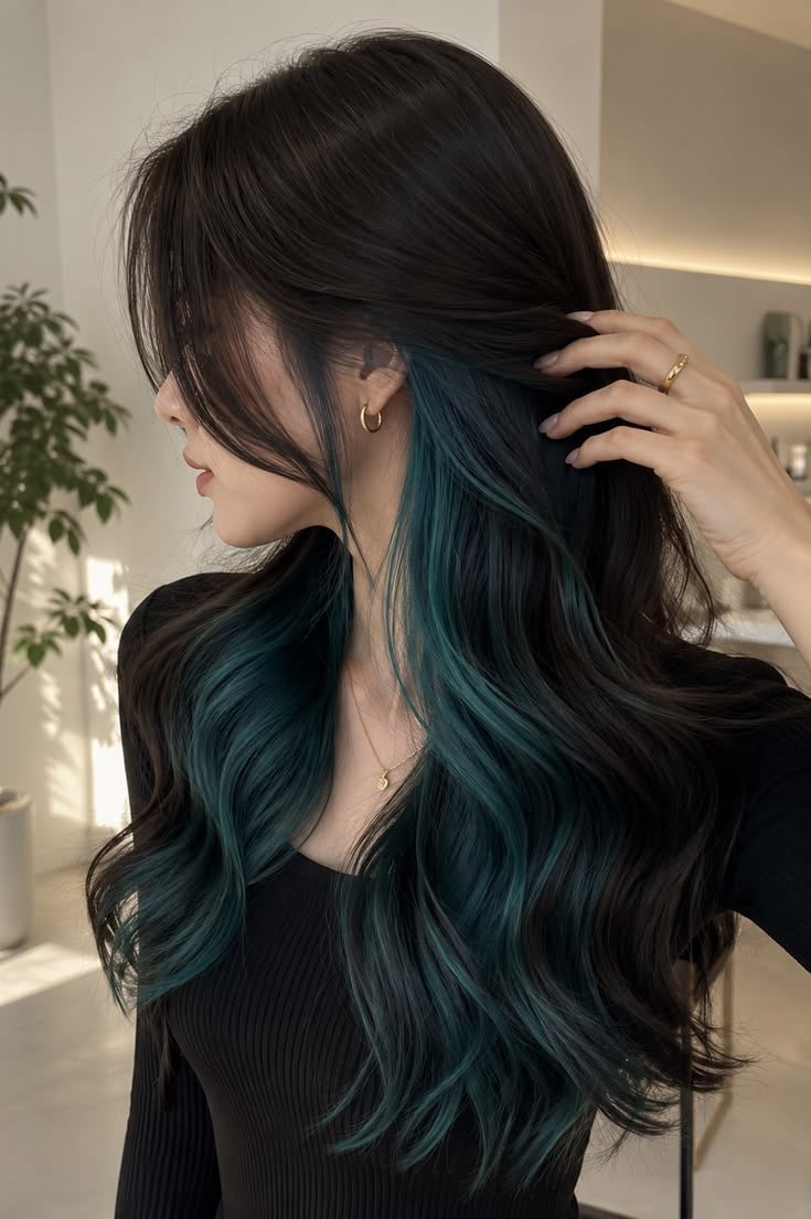 Mid-Back Wavy Hair With Peekaboo Teal Highlights