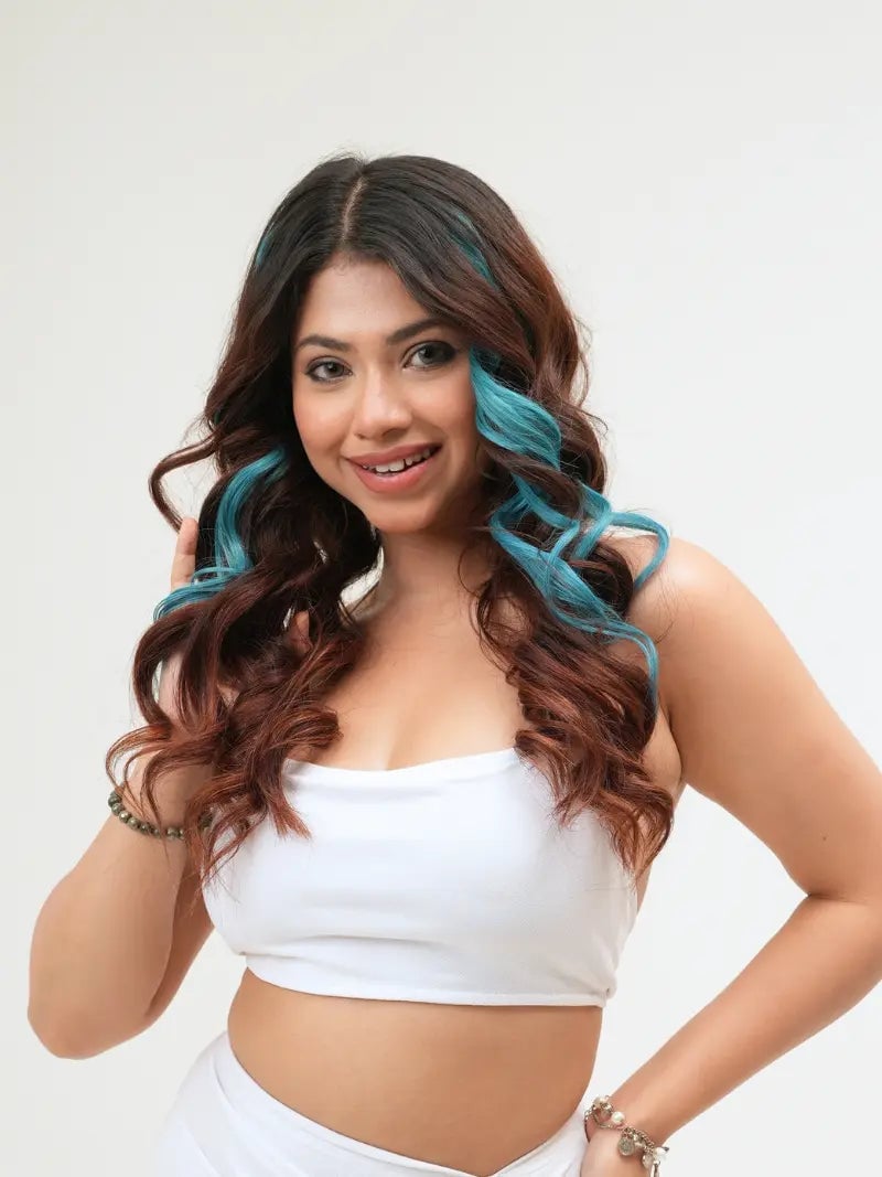 Collarbone Wavy Dark Brown With Teal — Teal Highlights