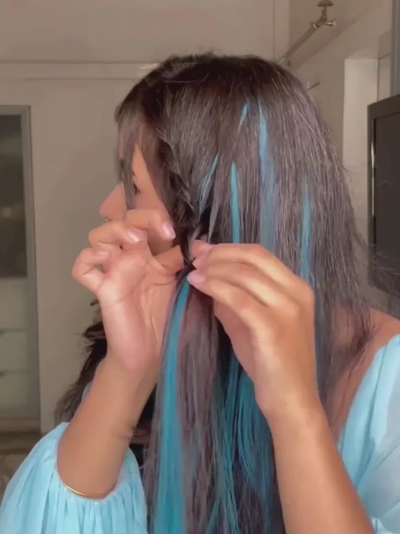 Shoulder Length Braid With Thin Teal Streaks — Teal Highlights