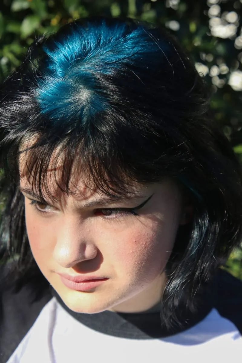 Chin Length Bob With Teal Ghost Roots — Teal Highlights