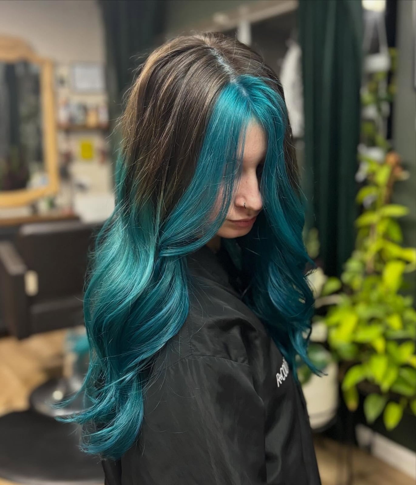 Mid-Back Wavy Dark Brown With Vibrant Teal — Teal Highlights